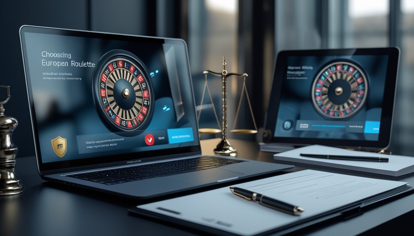 Laptop, roda roulette Eropa, dokumen kosong, dan simbol keamanan di atas meja modern.