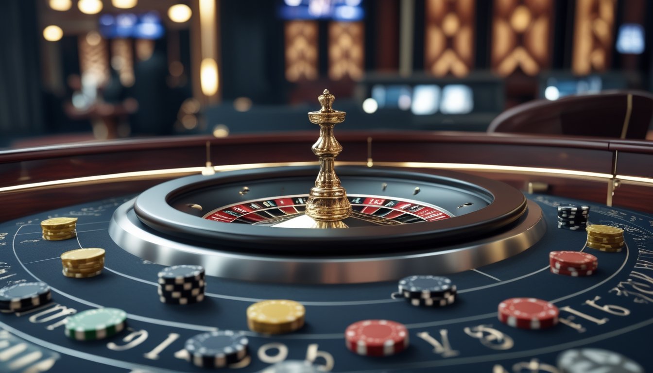 Meja kasino elegan dengan roda roulette Eropa, bola gading, dan keping taruhan merah hitam.