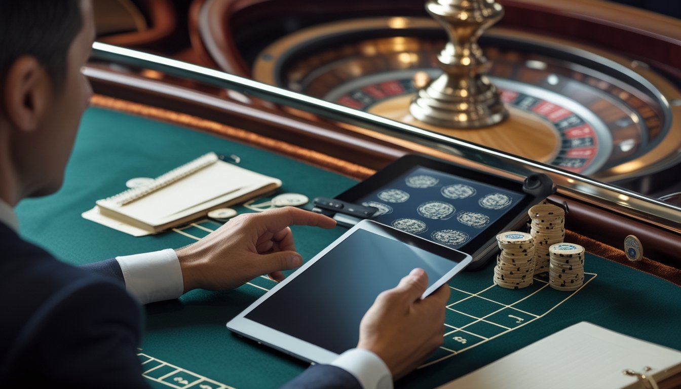 Pemain menilai roda roulette Eropa, tumpukan chip, kalkulator, dan tablet di meja kasino.