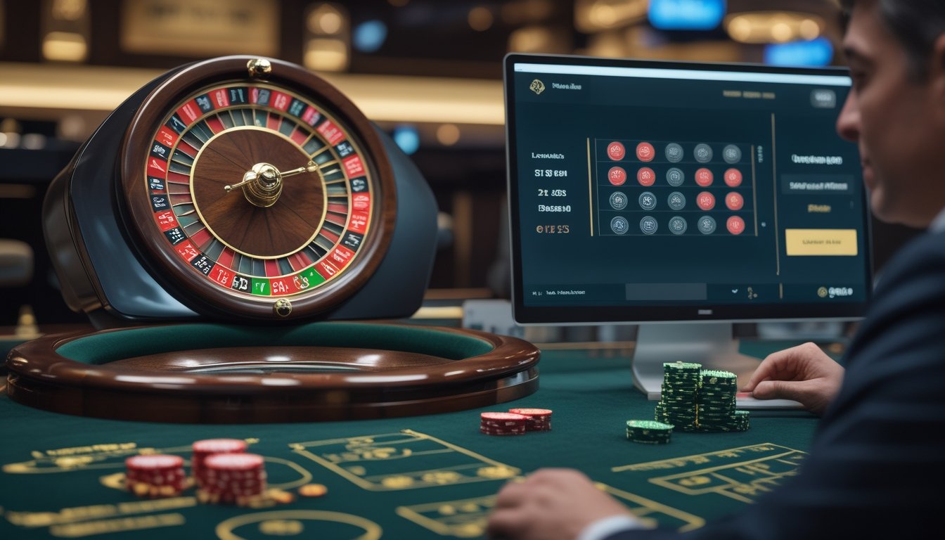 Meja roulette Eropa dengan roda roulette, bola, keping taruhan, dan seseorang menggunakan laptop.
