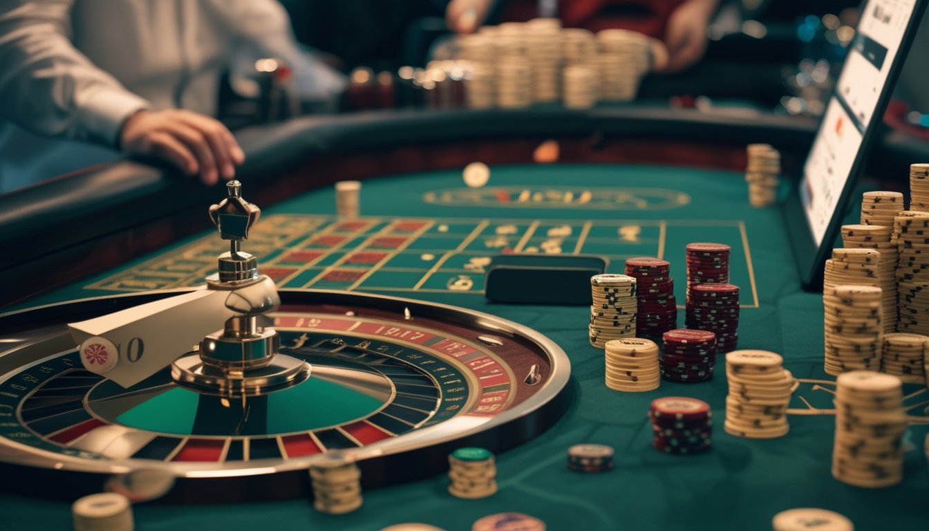 Pemain dewasa menggunakan laptop untuk bermain roulette Eropa di lingkungan kasino yang elegan dengan roda roulette dan keping taruhan.