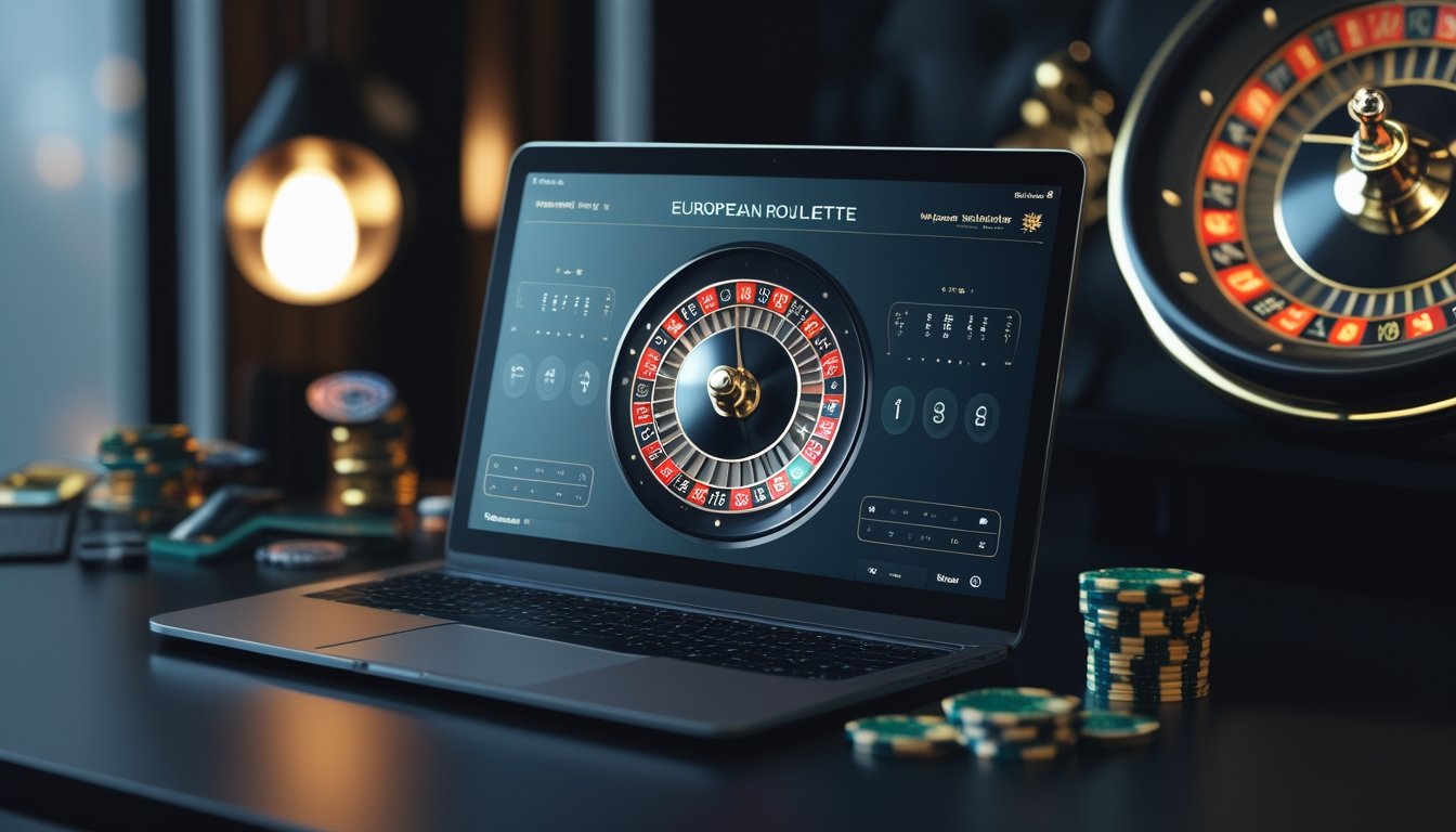 Laptop dan ponsel menampilkan permainan roulette Eropa di atas meja dengan roda roulette dan keping taruhan.