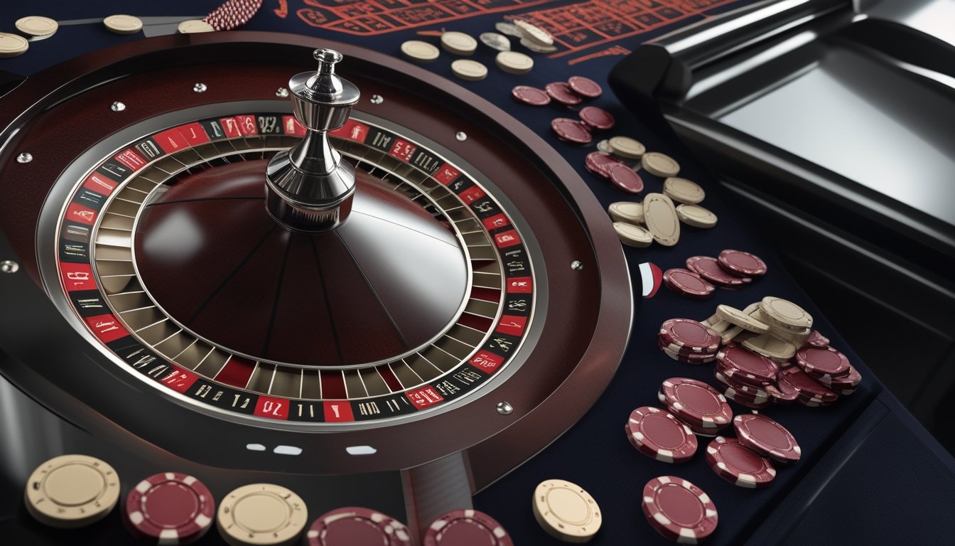 Roda roulette Eropa, chip kasino, dan laptop dengan simbol keamanan di meja kasino modern.