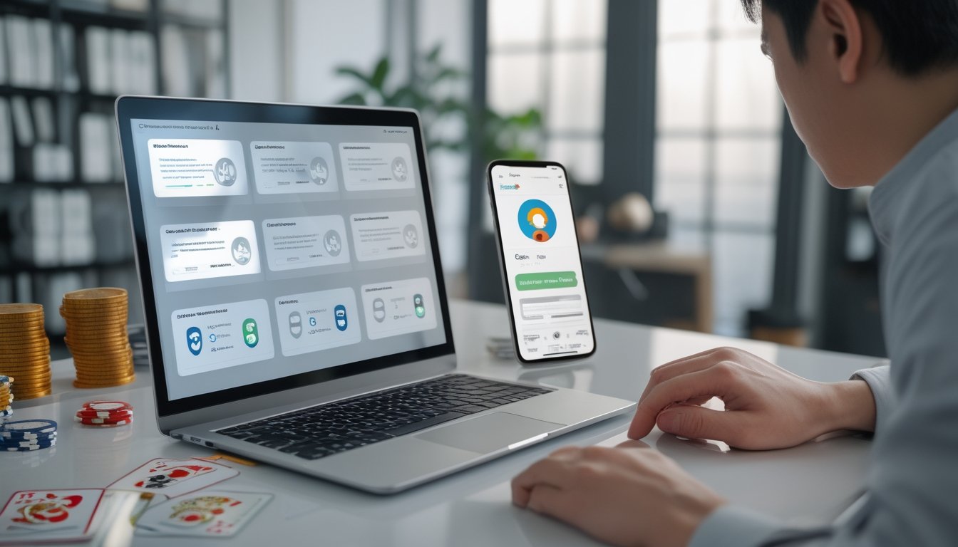 Pengguna Indonesia membandingkan beberapa platform poker online di laptop dan ponsel dengan kartu serta keping poker di meja.