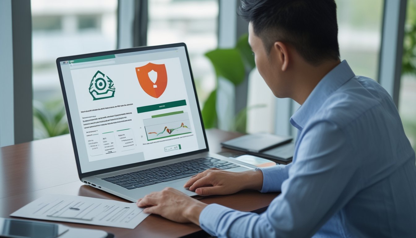 Seorang profesional Indonesia memeriksa informasi keamanan dan legalitas platform poker online di laptop.