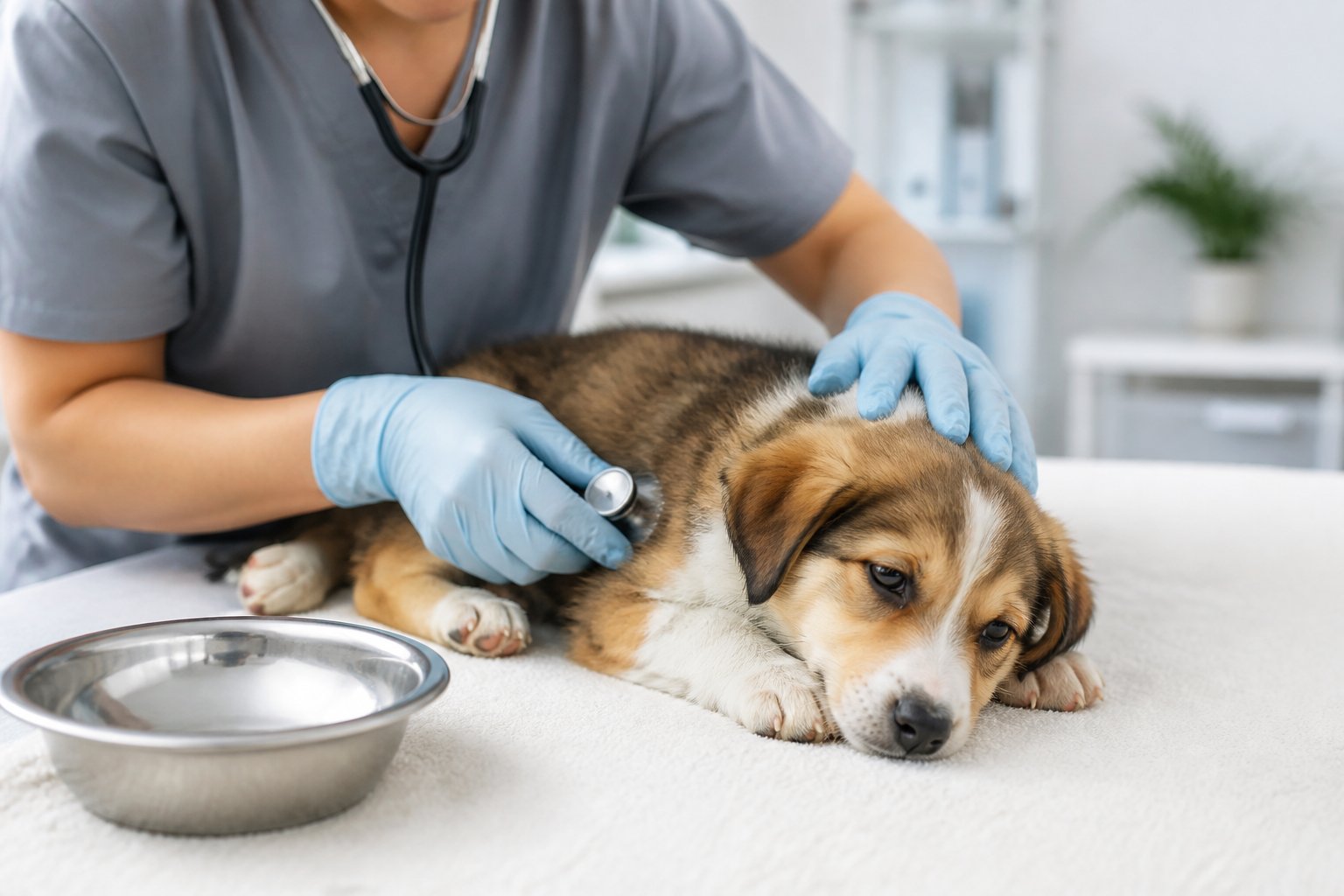 A veterinarian gently examines a tired puppy resting on a blanket in a clean animal clinic.