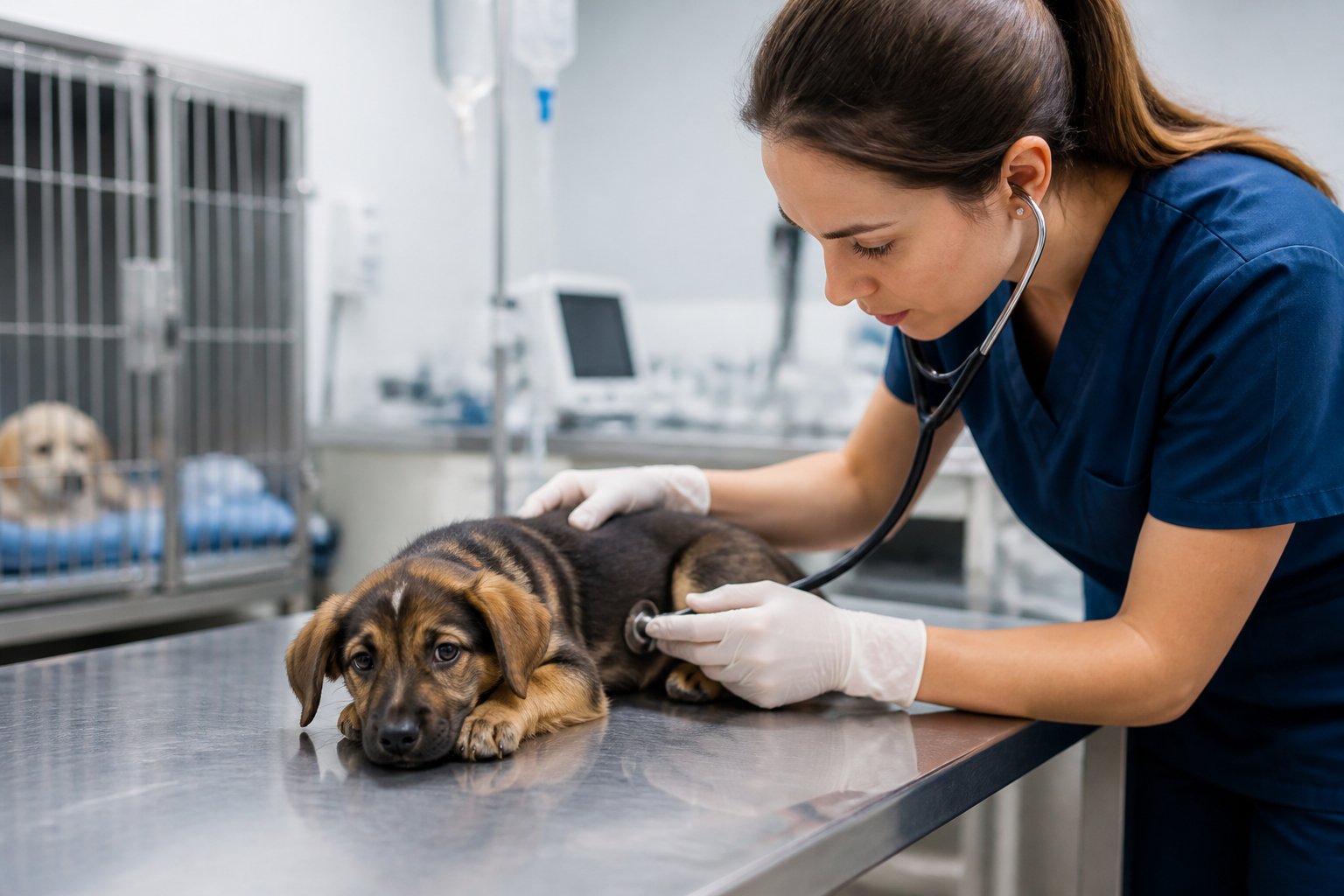 A veterinarian examines a weak-looking puppy on a veterinary examination table.