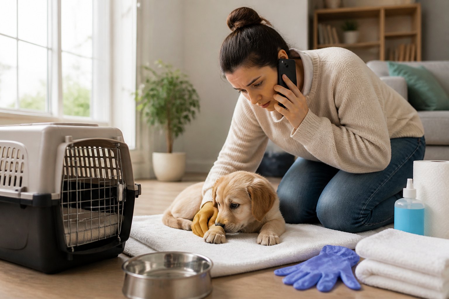 A concerned owner gently observes a tired puppy resting on a clean towel while preparing to contact a veterinarian.
