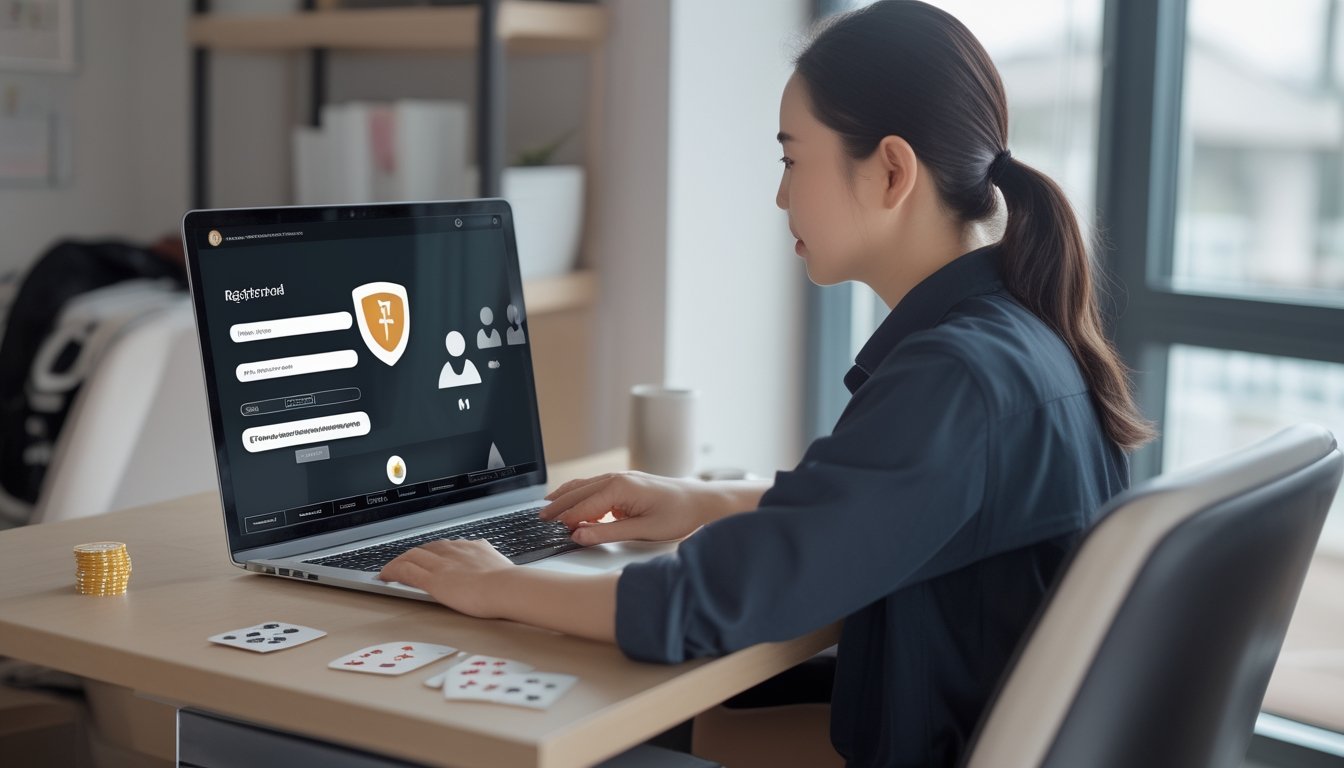 Seseorang mengisi formulir pendaftaran akun daring di laptop dengan kartu poker dan keping permainan di meja.