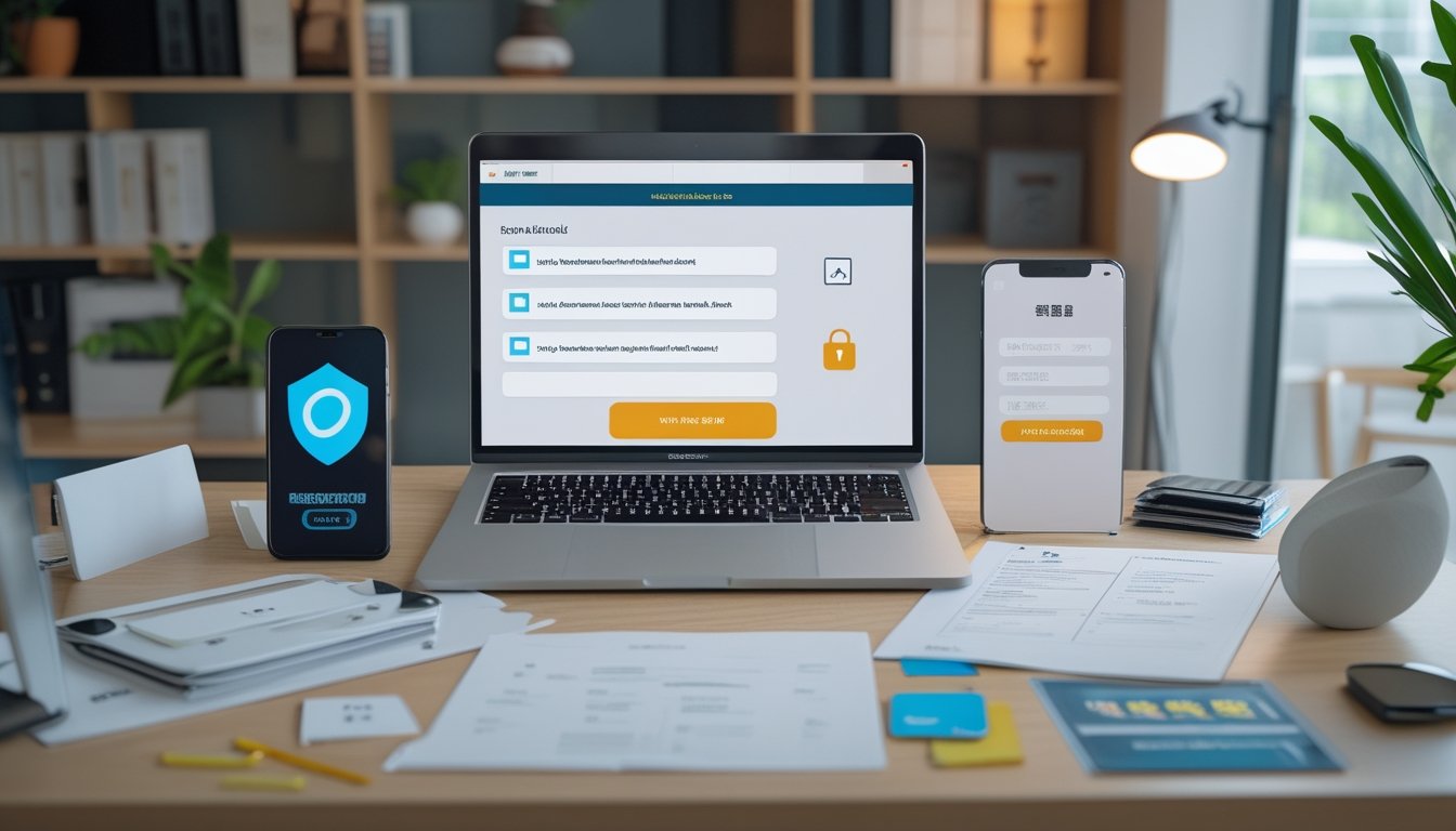 Seseorang memeriksa proses pendaftaran platform poker online yang aman di laptop dalam ruang kerja modern.