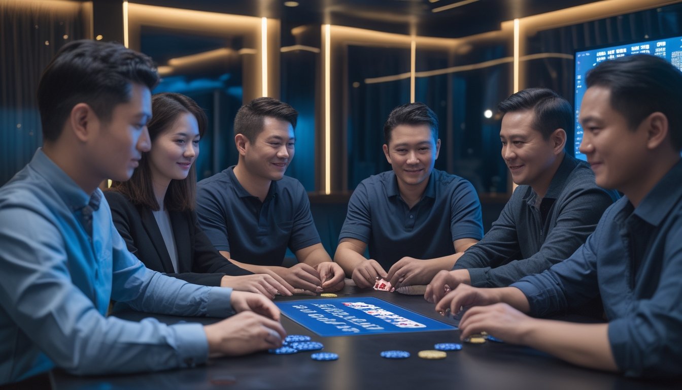 Sekelompok orang dewasa bermain poker Tiongkok secara santai di ruang modern dengan kartu dan keping poker.