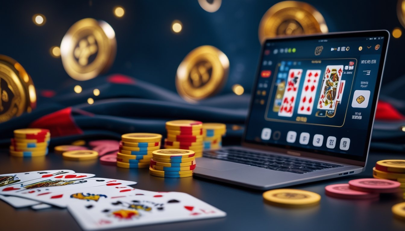 Meja poker dengan kartu dan chip di samping perangkat digital serta koin emas sebagai simbol bonus.