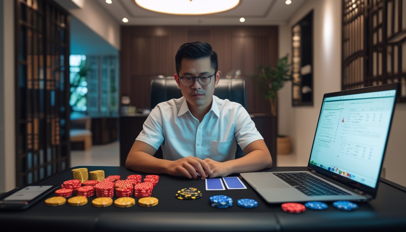Seorang pemain Indonesia mempelajari kartu dan chip poker di meja kerja dengan suasana tenang dan fokus.