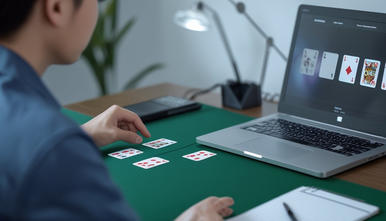 Pemain menyusun kartu poker secara strategis di meja dengan laptop dan perlengkapan pencatatan.