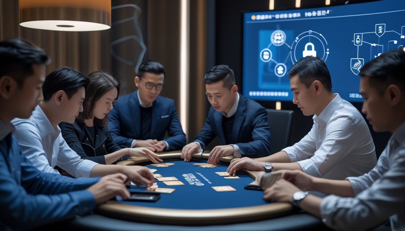 Sekelompok pemain dewasa bermain poker Tiongkok di lingkungan digital yang modern dan aman.