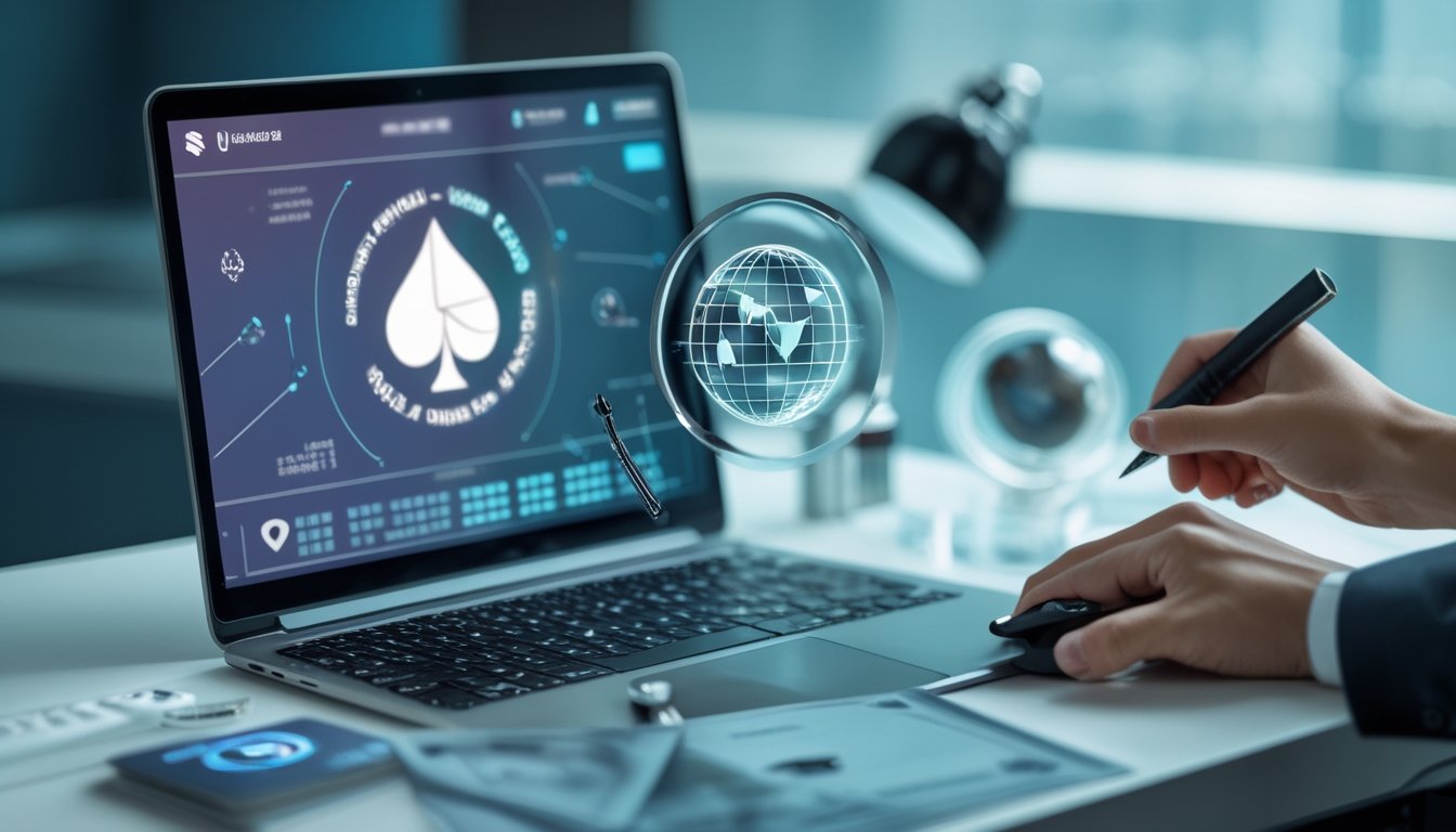Tangan analis memeriksa platform poker daring pada laptop dengan simbol globe, perisai keamanan, dan tanda verifikasi di meja kerja.