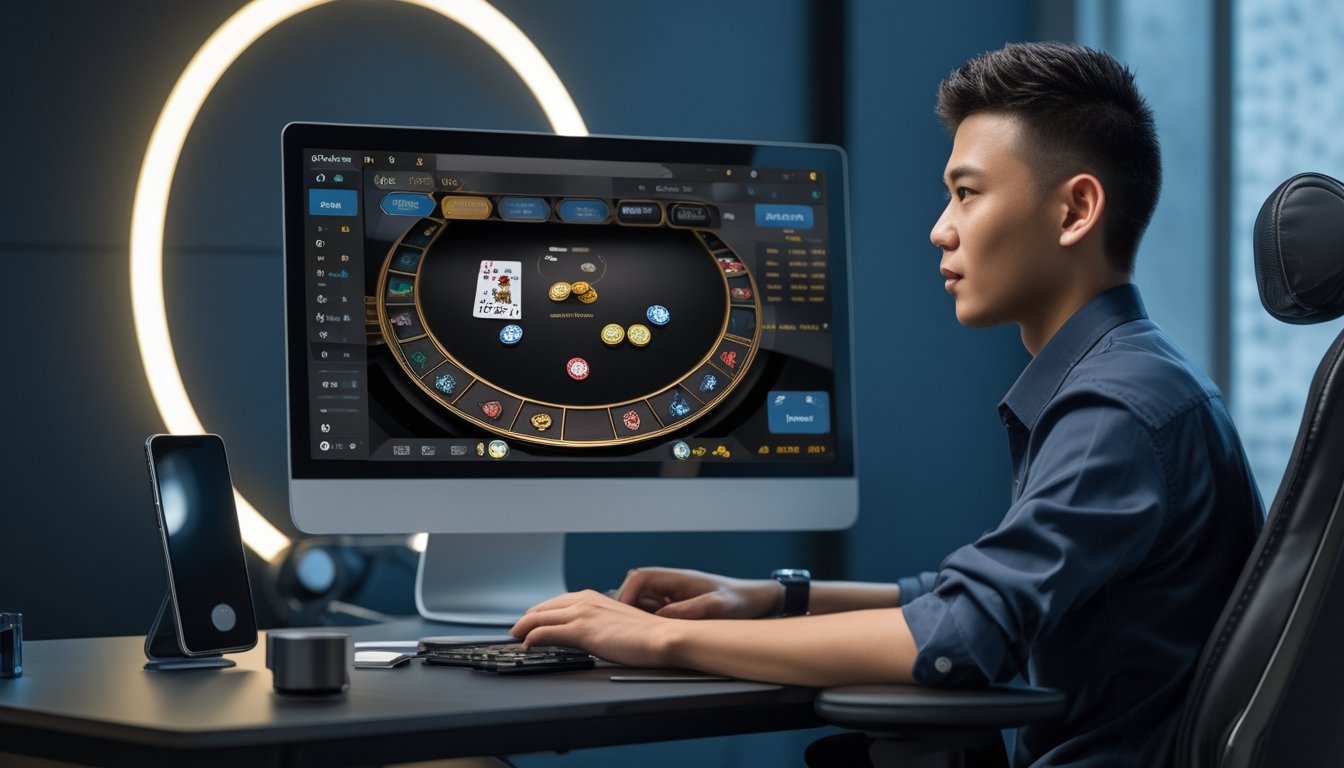 Orang dewasa memainkan permainan kartu digital di laptop dan ponsel dalam suasana modern.