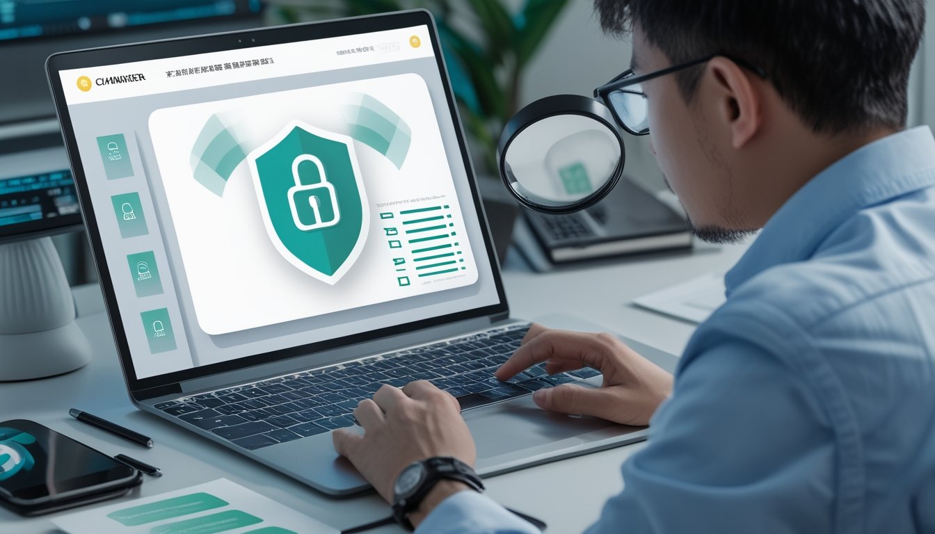 Seseorang sedang menilai keamanan dan kredibilitas platform poker online menggunakan laptop, ponsel, dan simbol verifikasi.