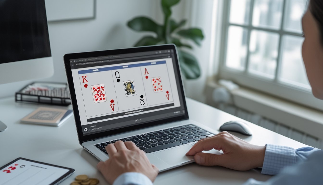 Seorang pemula mempelajari permainan Capsa Susun melalui laptop dengan kartu remi tersusun di meja.
