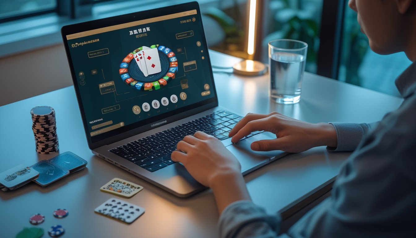 Seseorang menggunakan laptop untuk bermain poker online sambil melakukan pembayaran digital melalui ponsel.