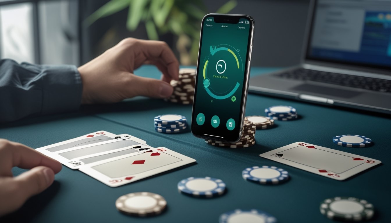 Meja poker dengan kartu, keping taruhan, dan ponsel yang menampilkan antarmuka permainan digital serta pembayaran elektronik.