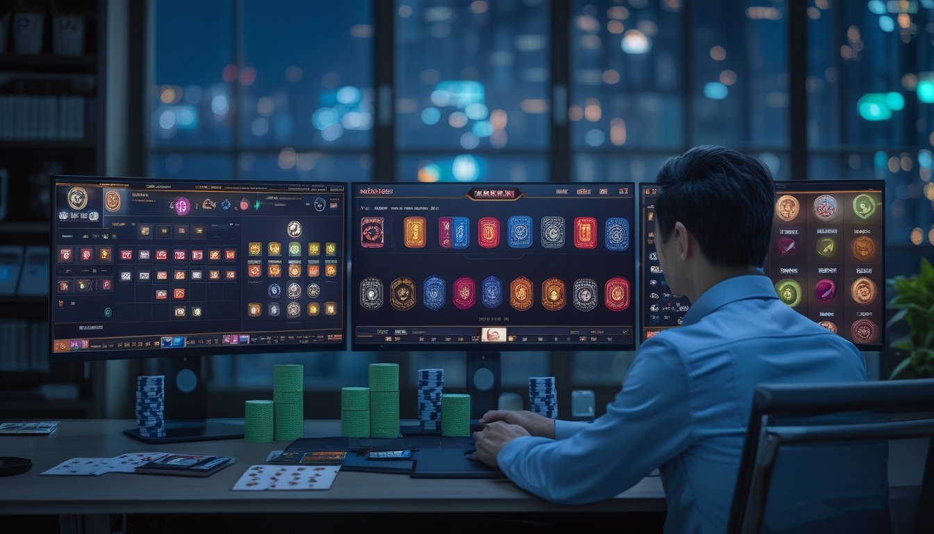 Pemain poker profesional fokus bermain Chinese poker online di ruang kerja modern dengan beberapa layar dan kartu di atas meja.