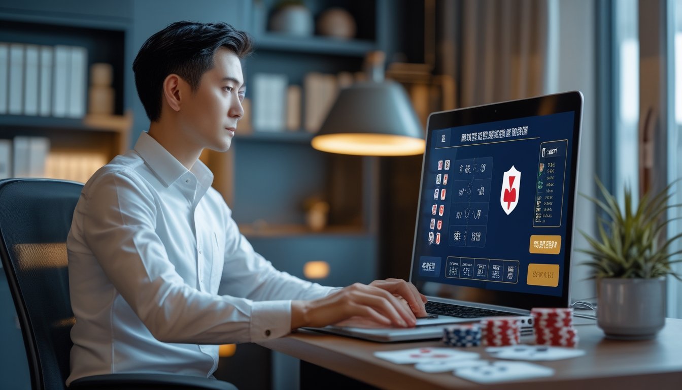 Pemain profesional menganalisis permainan poker online di ruang kerja modern.