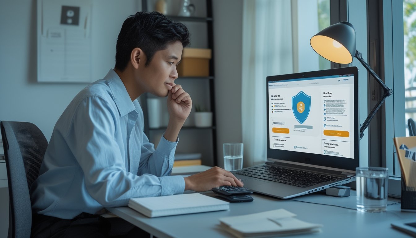 Orang dewasa meninjau informasi keamanan dan legalitas daring di laptop dengan sikap hati-hati.