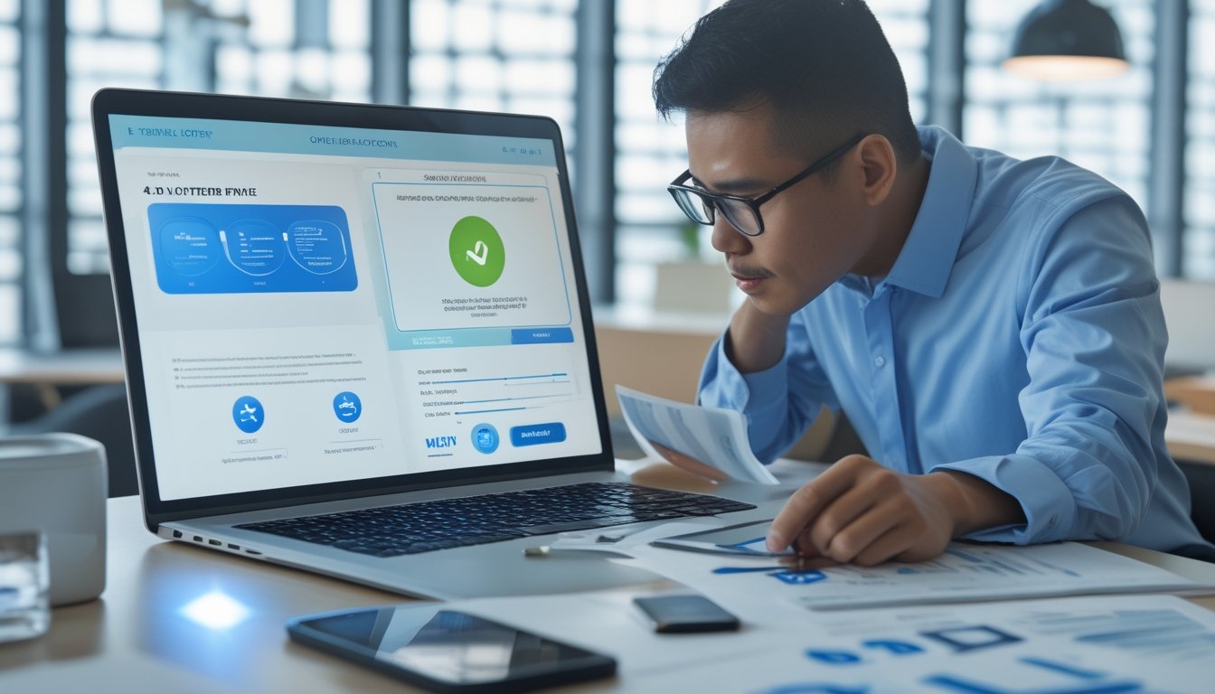 Seorang profesional memeriksa informasi platform togel online di laptop dengan simbol keamanan dan dokumen di meja.