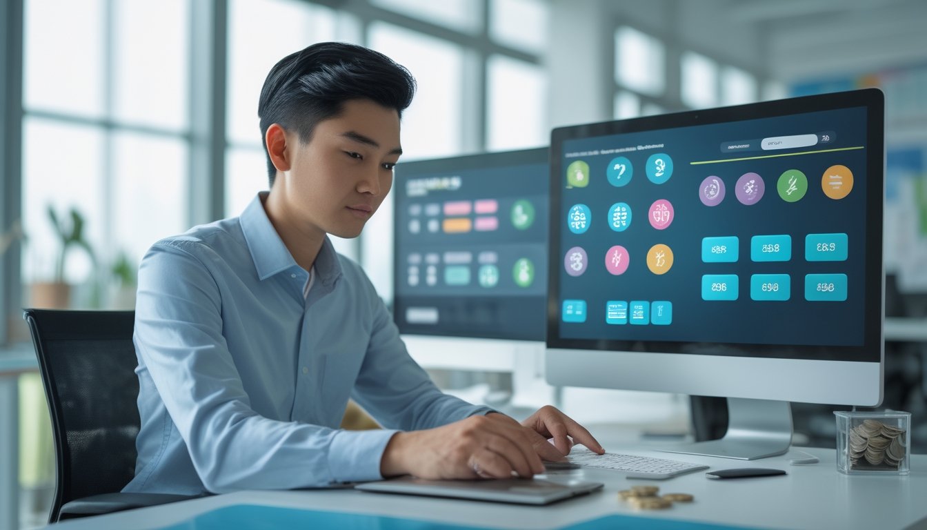 Seseorang menggunakan laptop dan ponsel dengan antarmuka digital abstrak di meja kerja modern.