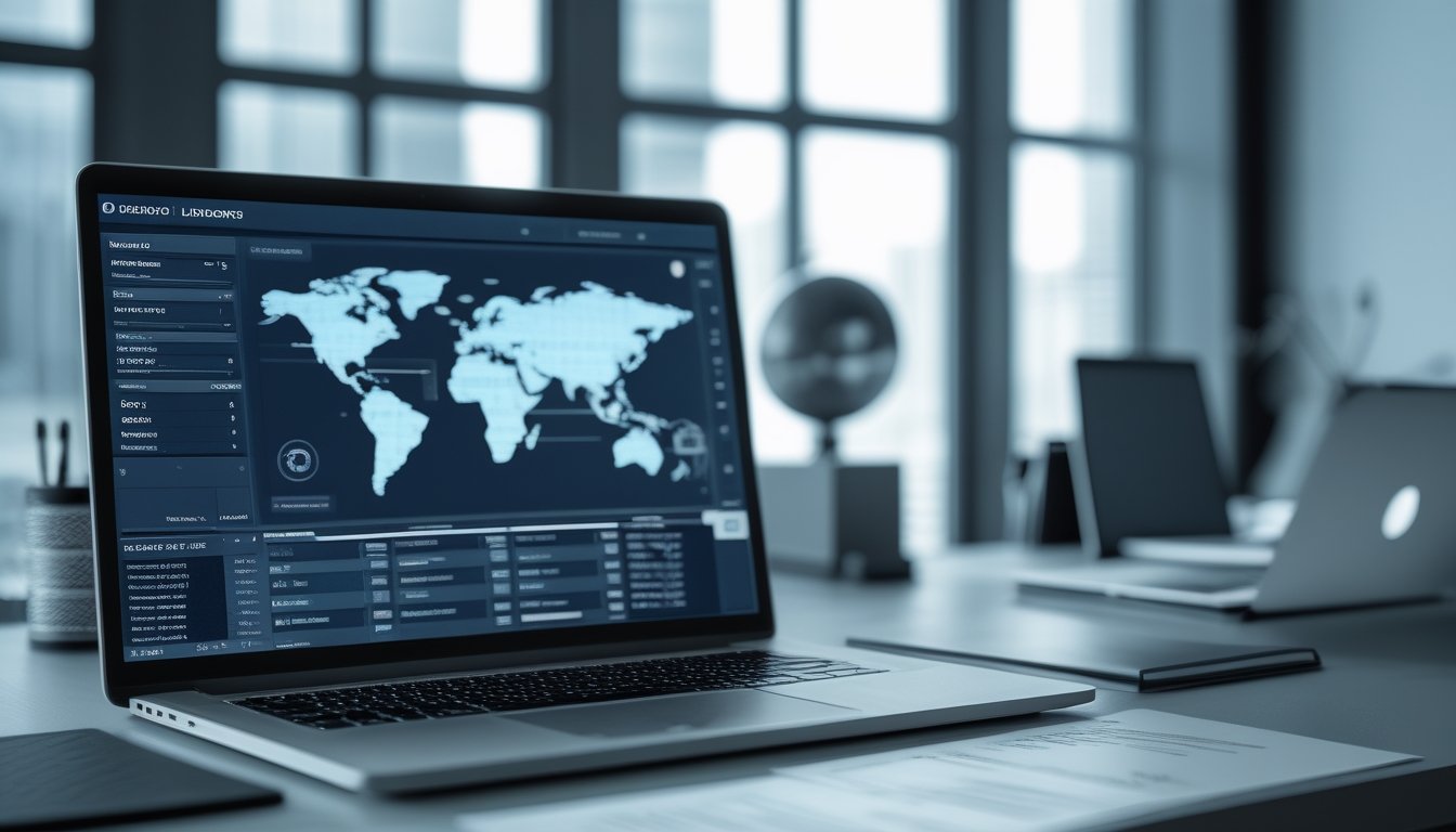 Meja kerja modern dengan laptop, globe, dokumen, dan simbol keamanan digital yang menggambarkan informasi pasar global.