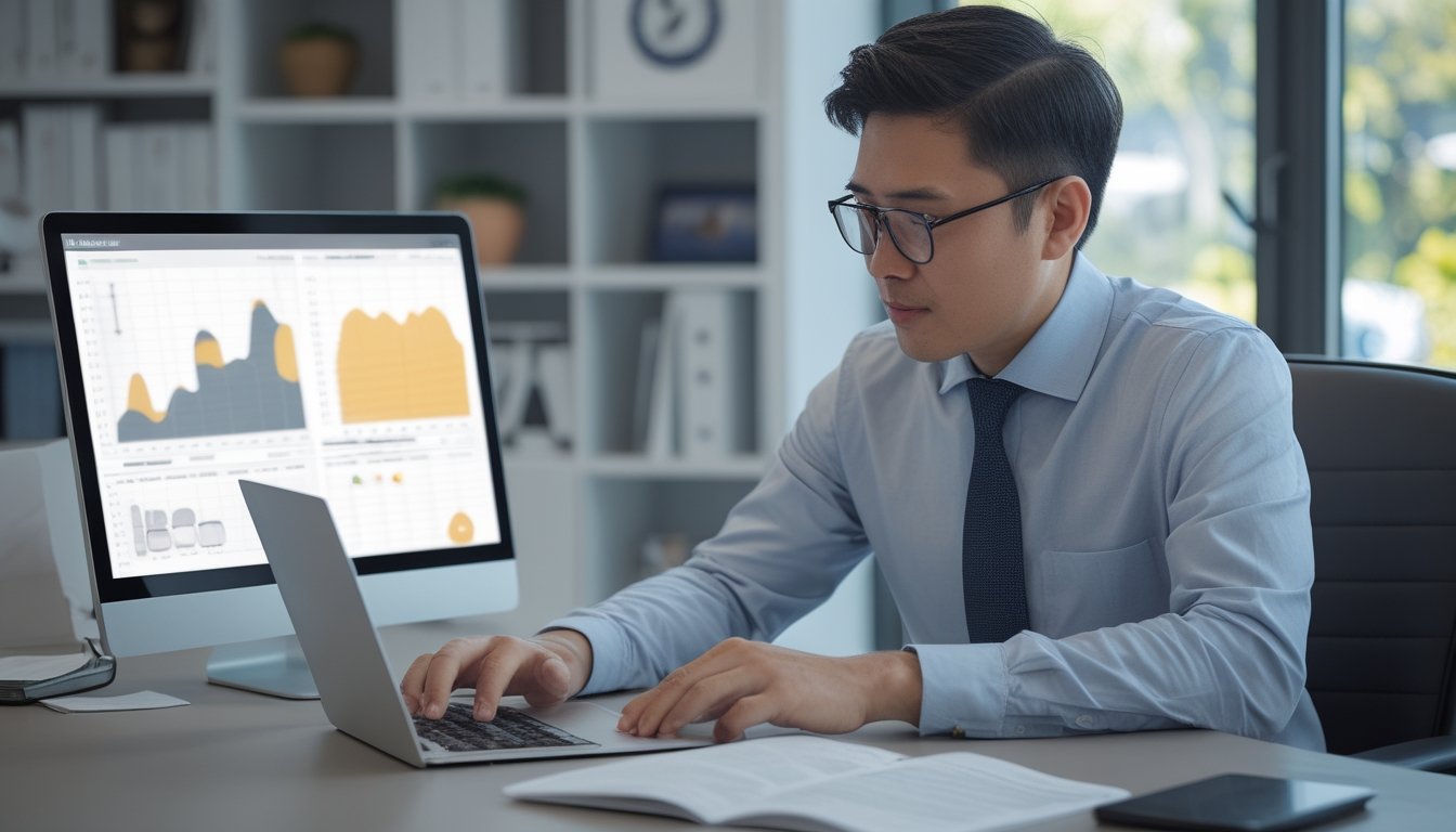 Seorang profesional meninjau analisis pasar dan risiko permainan daring di meja kerja modern.