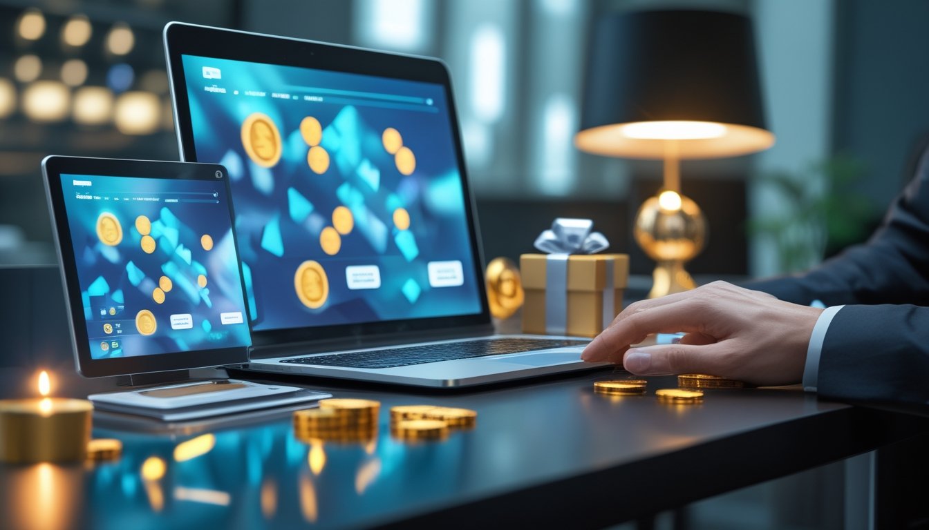 Laptop dan ponsel dengan tampilan abstrak di atas meja modern, disertai koin emas dan kotak hadiah.