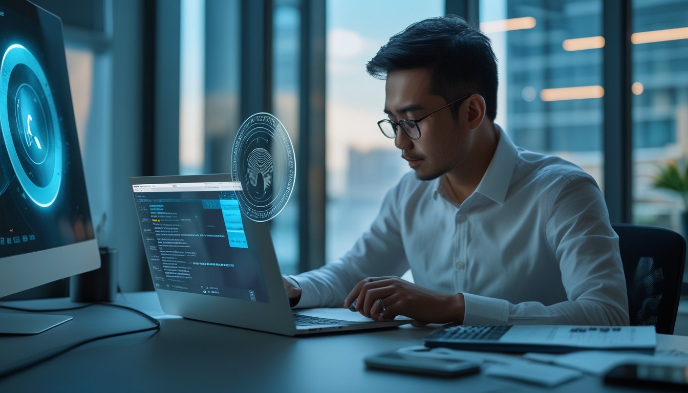 Profesional Indonesia meninjau platform digital aman dengan simbol perisai dan gembok di ruang kerja modern.
