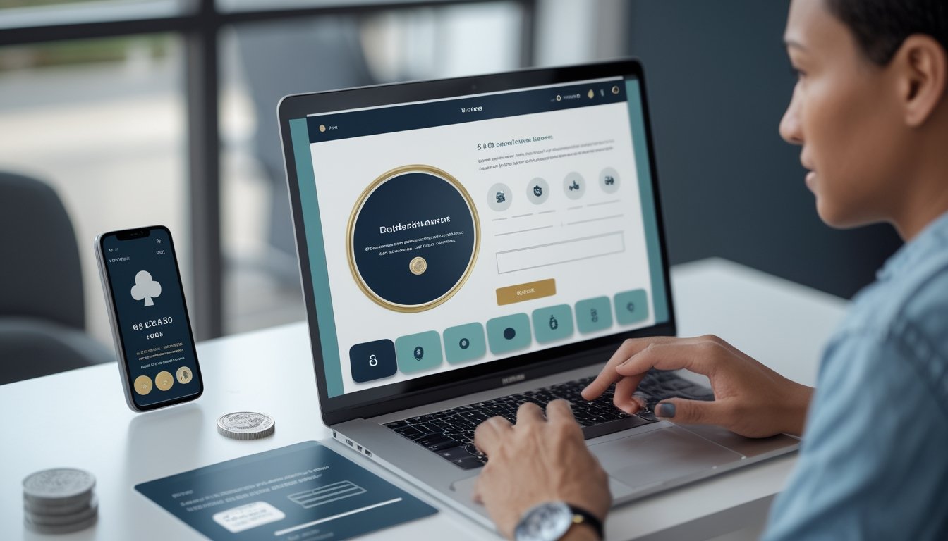Orang dewasa menggunakan laptop dan ponsel dengan tampilan permainan digital abstrak di meja kerja modern.