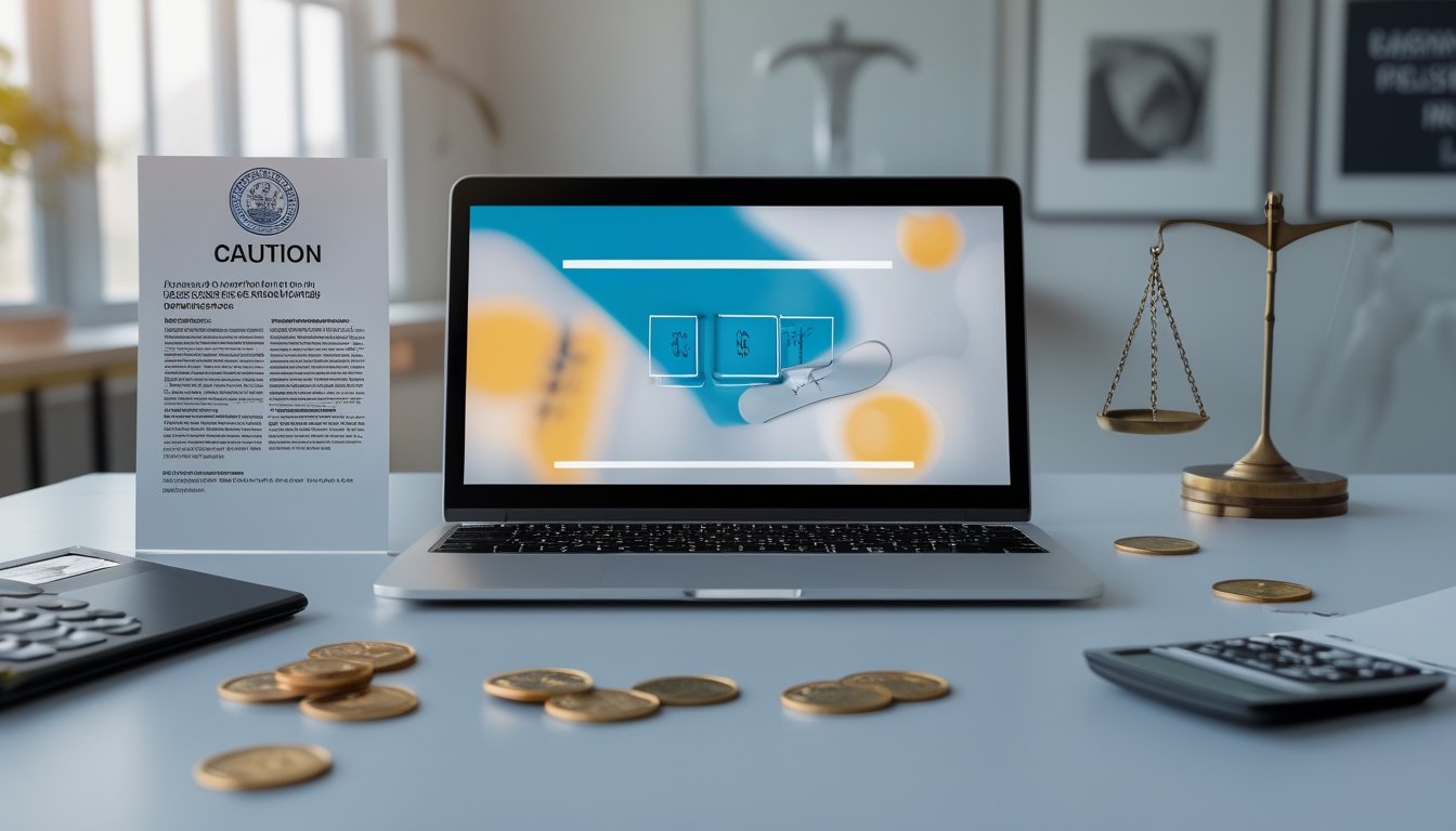 Laptop dan ponsel berada di meja bersama timbangan hukum, dokumen, simbol peringatan, kalkulator, dan uang sebagai gambaran risiko togel online.
