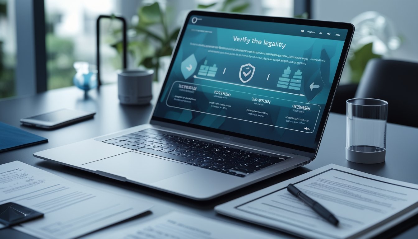 Meja kerja modern dengan laptop, dokumen, dan simbol keamanan digital untuk memeriksa kredibilitas platform online.