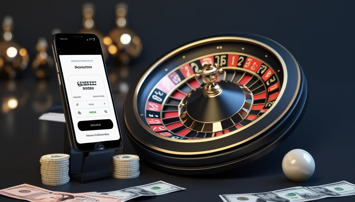 Roda roulette dan bola putih di samping ponsel, kartu pembayaran, serta uang rupiah di atas meja gelap.