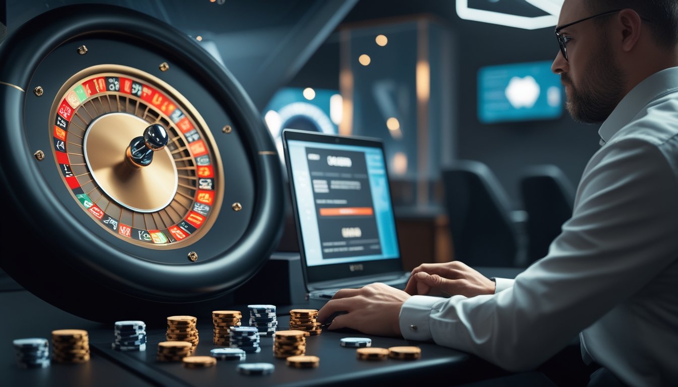 Pemain dewasa menggunakan perangkat digital di dekat roda roulette dan keping kasino dalam suasana profesional.