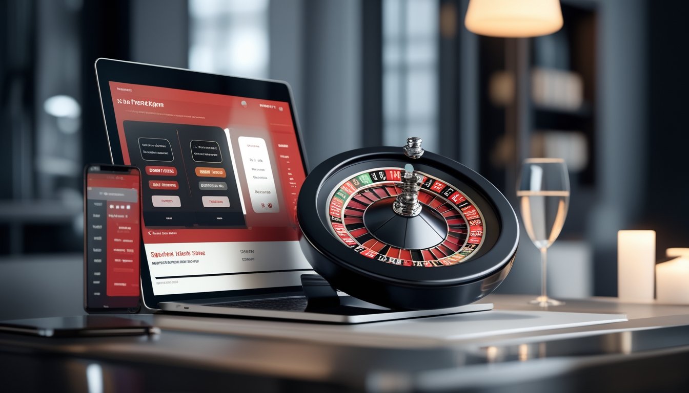 Roda roulette elegan di atas meja dengan laptop dan ponsel di lingkungan modern.