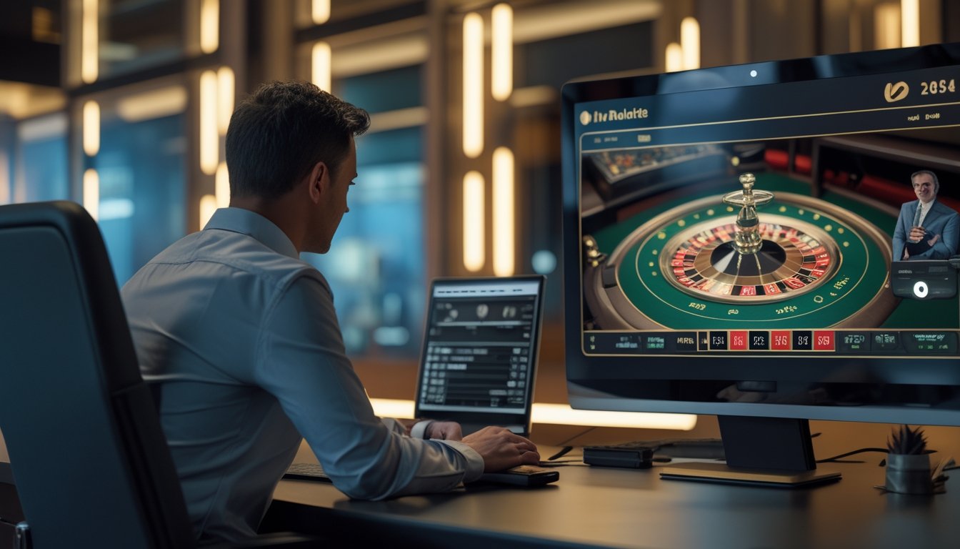 Orang dewasa menonton siaran langsung meja roulette di komputer dengan roda roulette terlihat jelas.