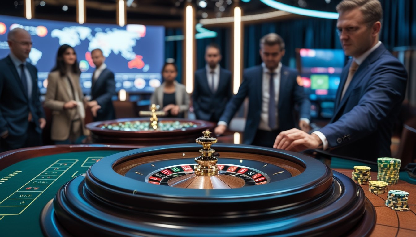 Croupier memutar roda roulette sementara pemain mengamati permainan melalui layar siaran langsung.