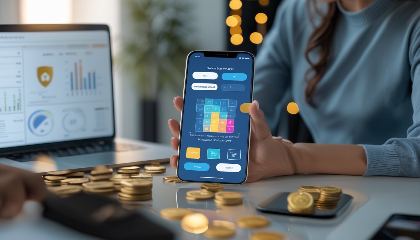 Seorang dewasa Indonesia melihat ponsel di meja kerja modern dengan simbol keamanan, dompet digital, dan suasana perayaan yang tenang.