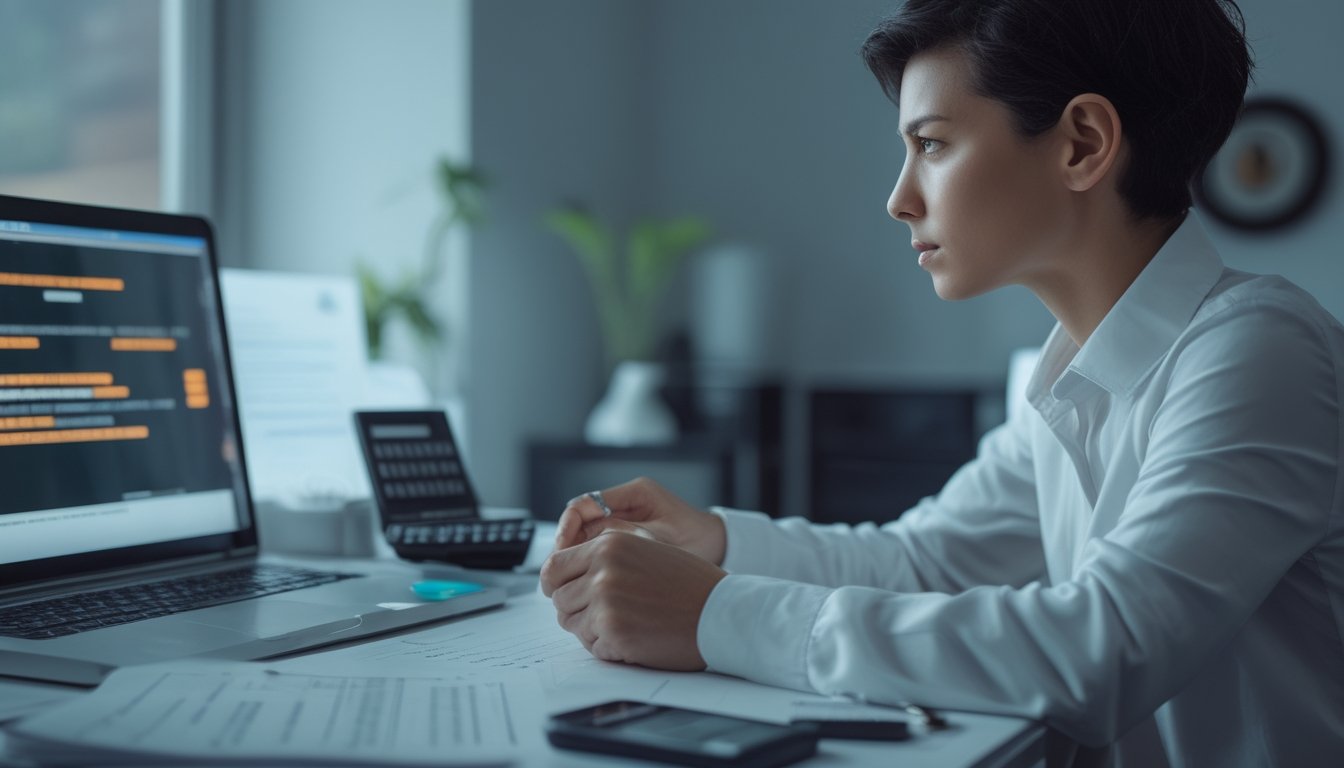 Orang dewasa duduk di meja kerja dengan laptop, kalkulator, dokumen kosong, dan gembok sebagai simbol risiko perjudian online.