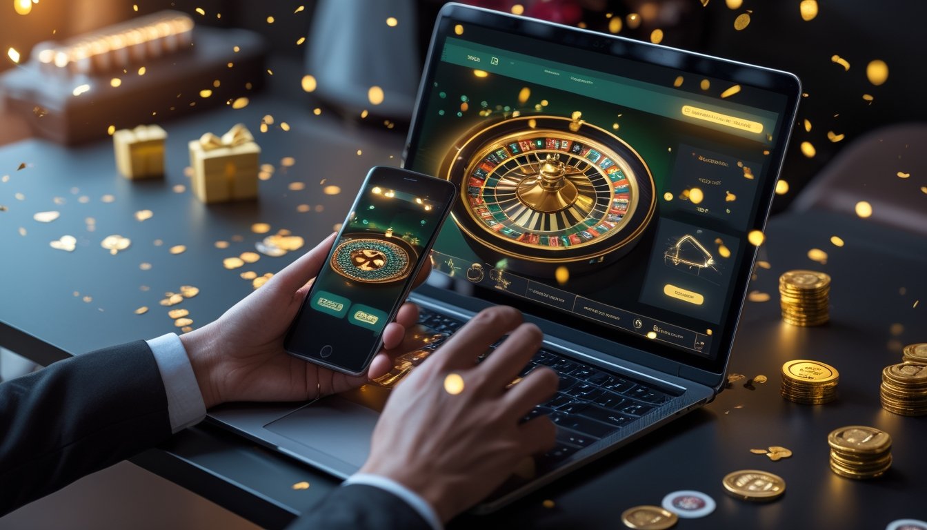 Perangkat digital menampilkan permainan roulette dengan chip kasino, kartu, dan dekorasi hadiah bernuansa emas.