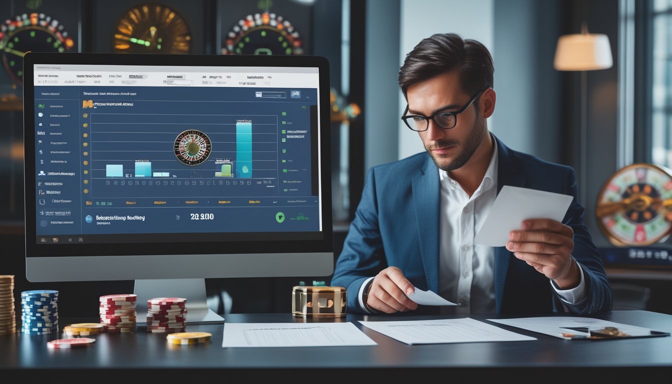 Seorang analis membandingkan penawaran bonus kasino online dengan kalkulator, grafik, dan elemen roda roulette di meja kerja.