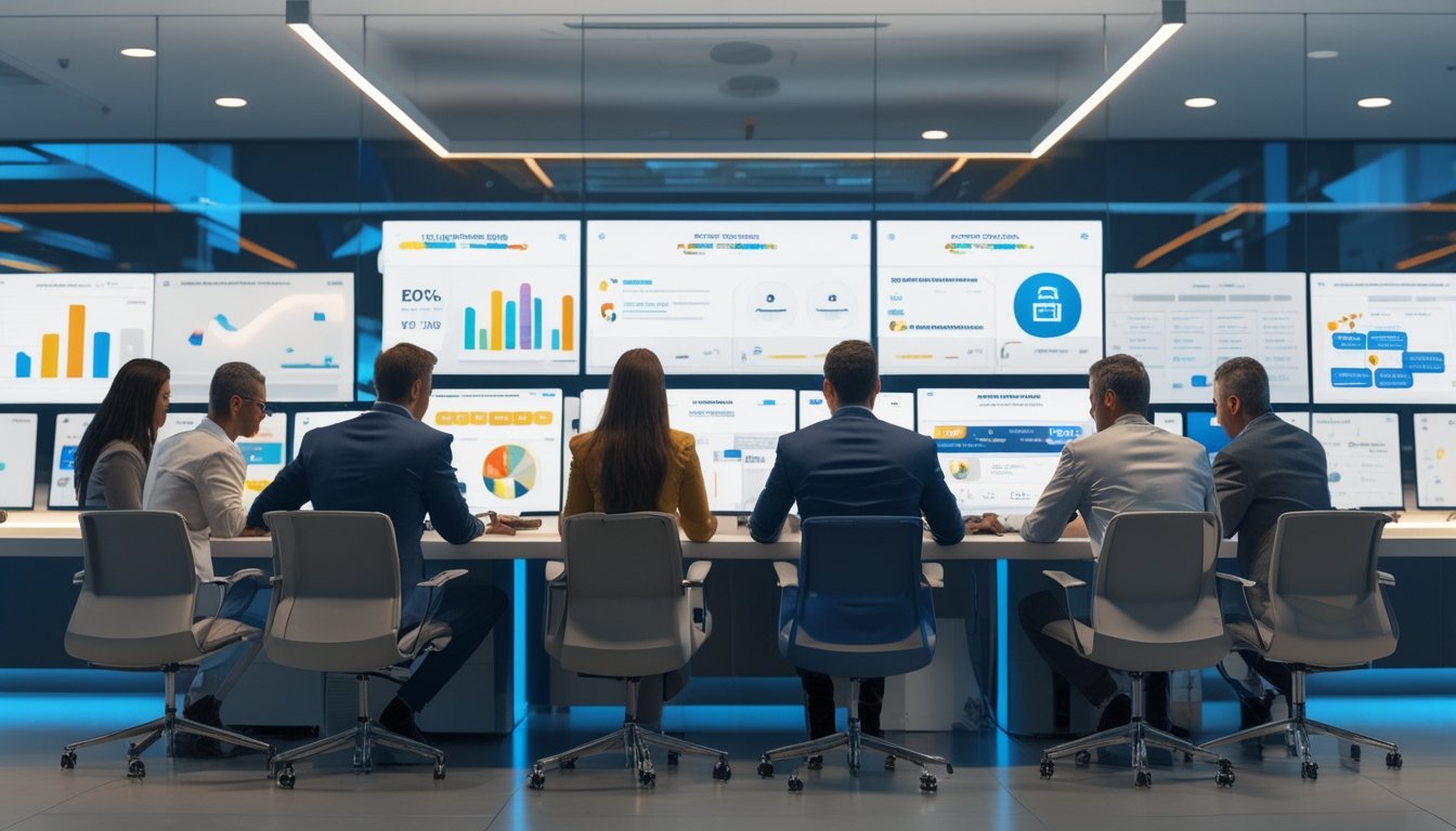 Sekelompok profesional dewasa meninjau tampilan analitik taruhan digital pada beberapa monitor di kantor modern.