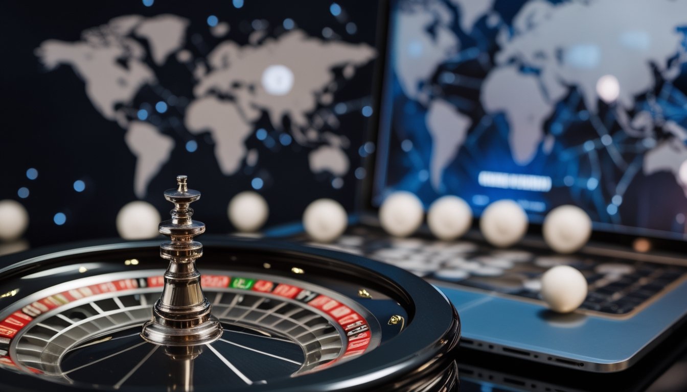 Roda roulette modern dengan perangkat digital dan latar bercahaya yang menggambarkan konektivitas kasino online internasional.