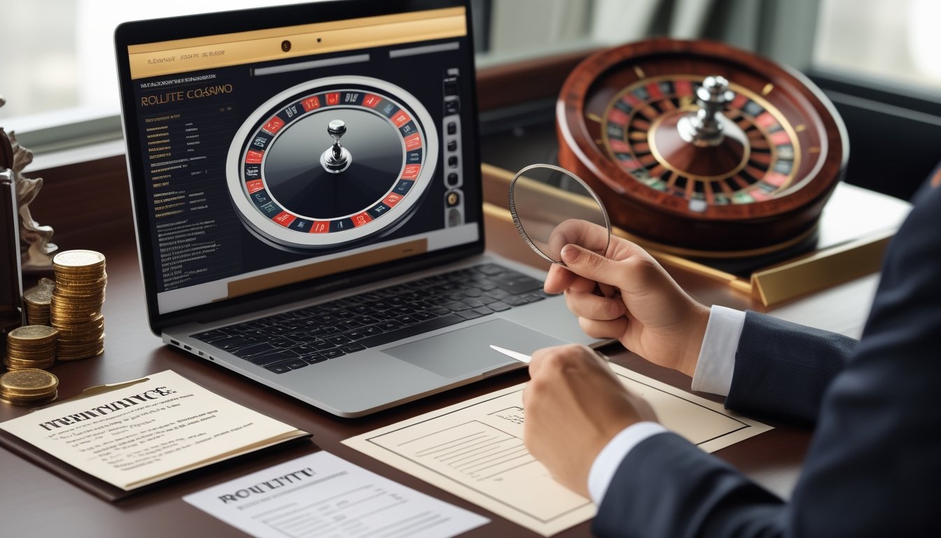 Laptop dan roda roulette dengan simbol perisai, gembok, serta daftar pemeriksaan keamanan di meja kerja.