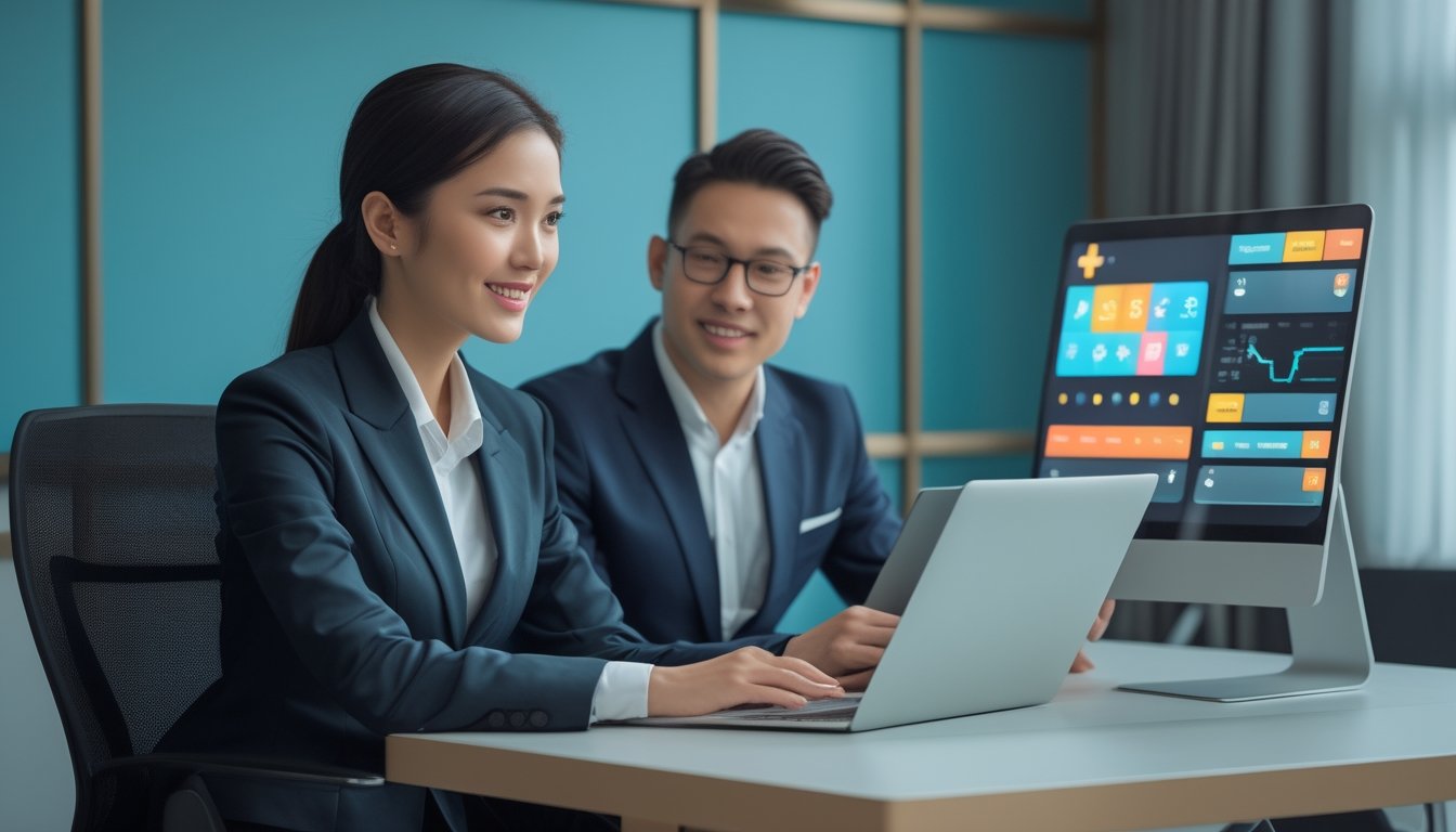 Seorang agen profesional membantu pelanggan menggunakan laptop dan ponsel di kantor modern.